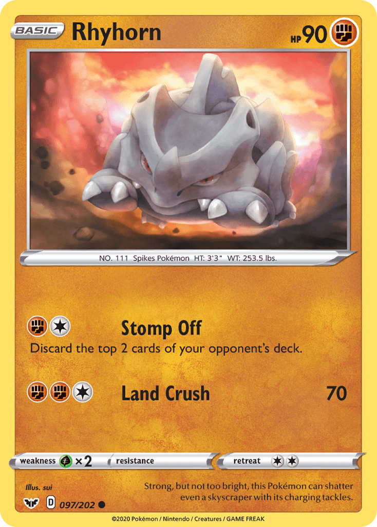 097, Common, Fighting, Grass[×2], Normal, Reverse Holofoil, Sword & Shield: Base Set Rhyhorn (097/202) [Sword & Shield: Base Set] - Trading Card World