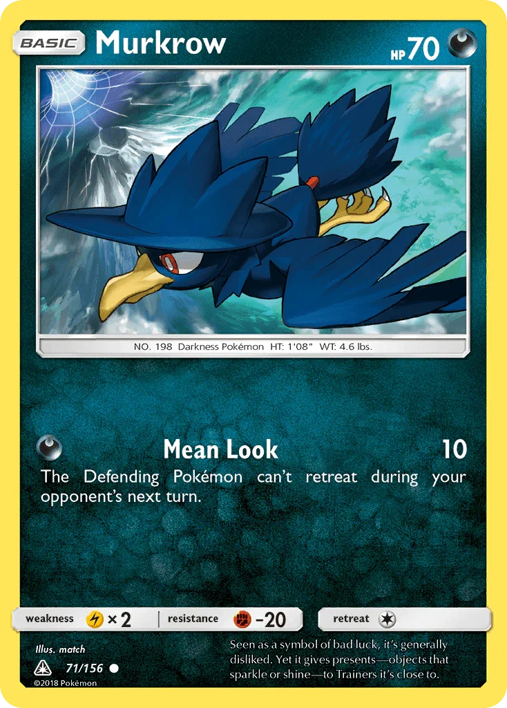 71, Common, Darkness, Fighting[-20], Lightning[×2], Normal, Reverse Holofoil, Sun & Moon: Ultra Prism Murkrow (71/156) [Sun & Moon: Ultra Prism] - Trading Card World