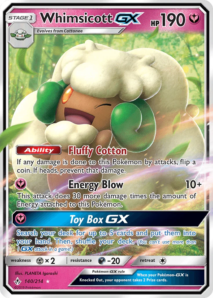 140, Darkness[-20], Fairy, Holofoil, Metal[×2], Sun & Moon: Unbroken Bonds, Ultra Rare Whimsicott GX (140/214) [Sun & Moon: Unbroken Bonds] - Trading Card World