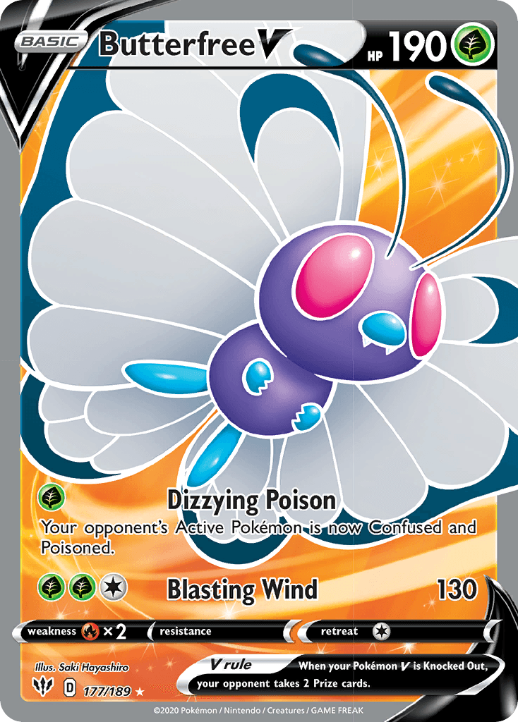177, Fire[×2], Grass, Holofoil, Sword & Shield: Darkness Ablaze, Ultra Rare Butterfree V (177/189) [Sword & Shield: Darkness Ablaze] - Trading Card World