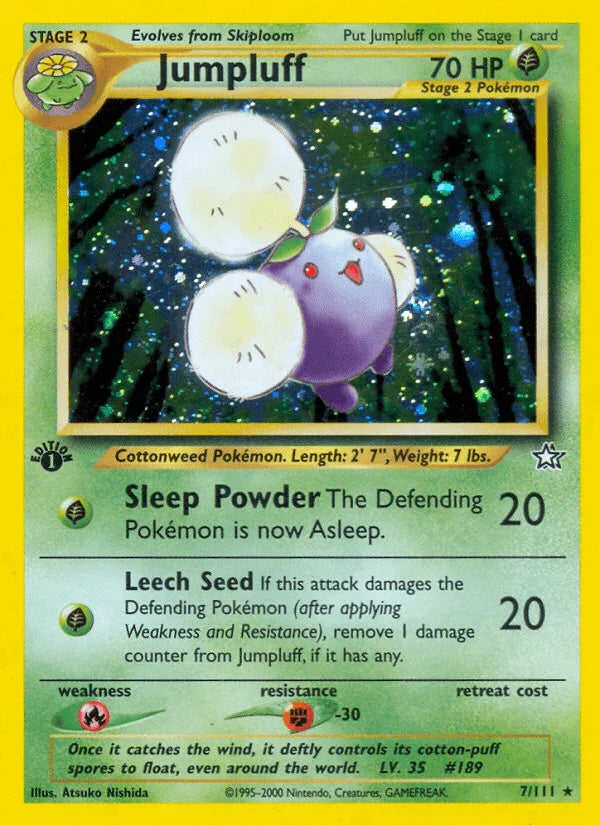 1st Edition Holofoil, Fighting[-30], Fire[×2], Grass, Holo Rare, Neo Genesis 1st Edition Jumpluff (7/111) [Neo Genesis 1st Edition] - Trading Card World