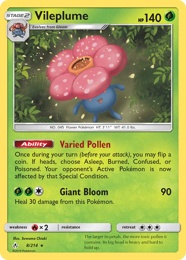Fire[×2], Grass, Holo Rare, Holofoil, Reverse Holofoil, Sun & Moon: Unbroken Bonds Vileplume (8/214) [Sun & Moon: Unbroken Bonds] - Trading Card World