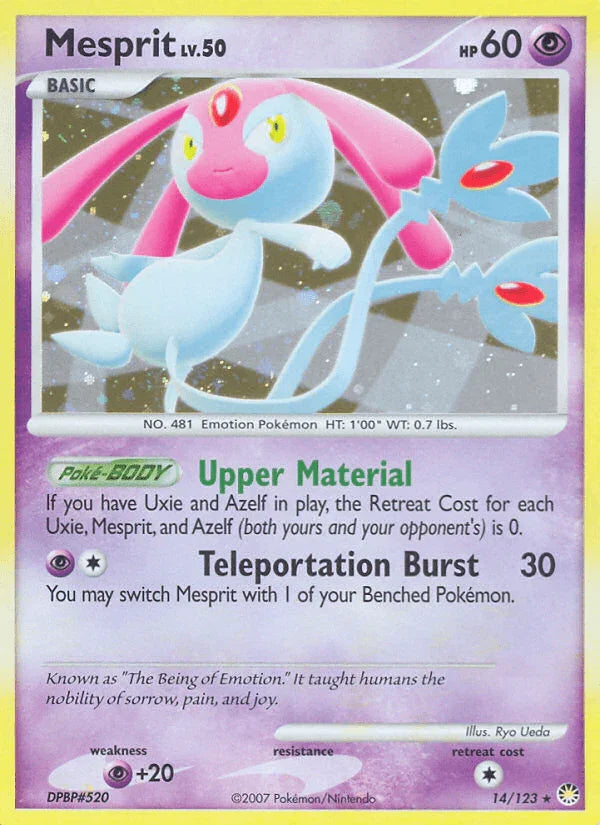 14, Diamond & Pearl: Mysterious Treasures, Holo Rare, Holofoil, Psychic, Psychic[+20], Reverse Holofoil Mesprit (14/123) [Diamond & Pearl: Mysterious Treasures] - Trading Card World