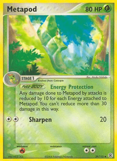 39, EX: FireRed & LeafGreen, Fire[×2], Grass, Normal, Reverse Holofoil, Uncommon Metapod (39/112) [EX: FireRed & LeafGreen] - Trading Card World