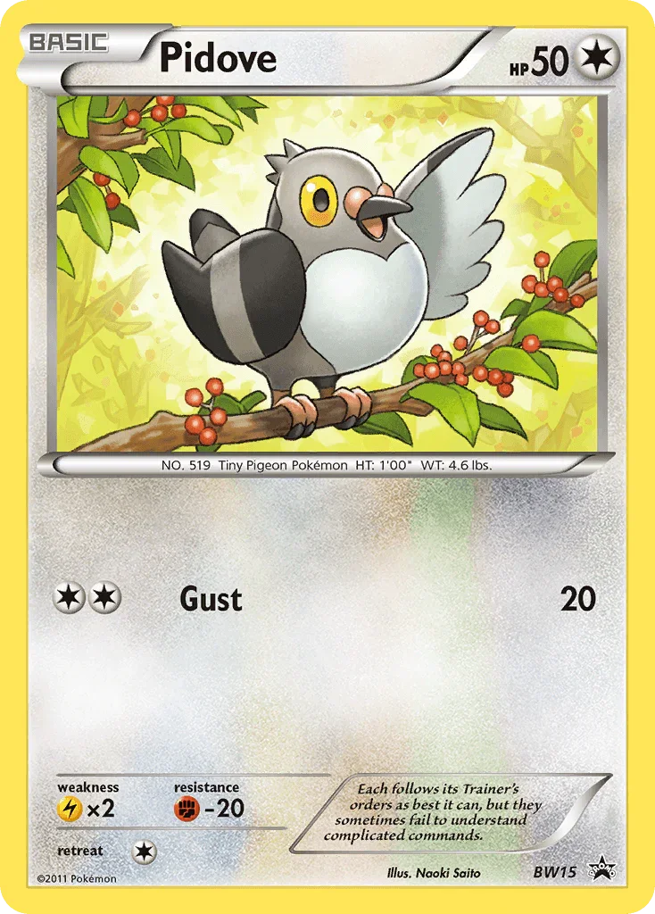 Black & White: Black Star Promos, Black Star Promo, BW15, Colorless, Fighting[-20], Holofoil, Lightning[×2], Normal Pidove (BW15) [Black & White: Black Star Promos] - Trading Card World