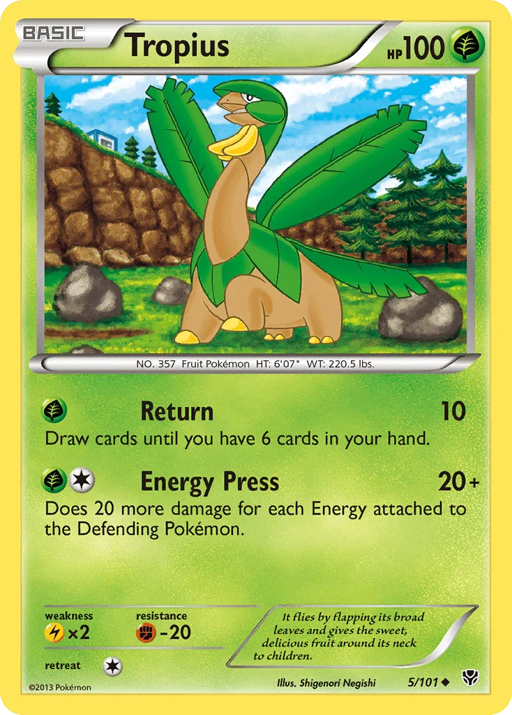 Black & White: Plasma Blast, Fighting[-20], Grass, Lightning[×2], Normal, Reverse Holofoil, Uncommon Tropius (5/101) [Black & White: Plasma Blast] - Trading Card World