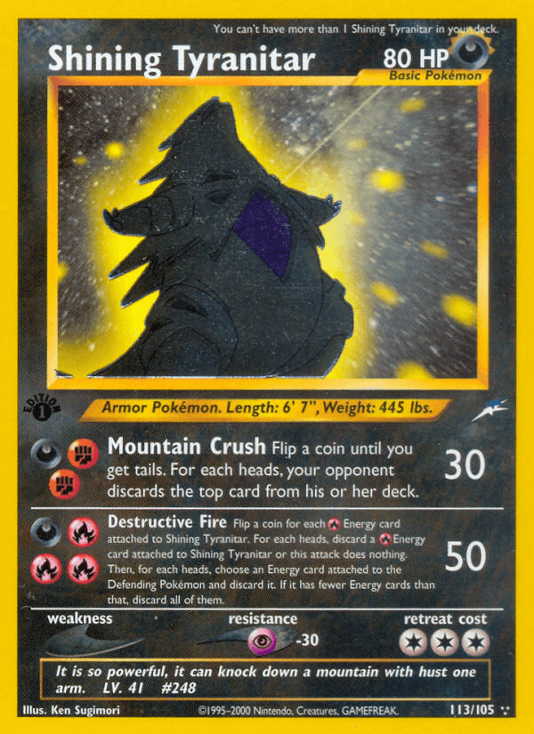 113, 1st Edition Holofoil, Darkness, Neo Destiny 1st Edition, Psychic[-30], Secret Rare Shining Tyranitar (113/105) [Neo Destiny 1st Edition] - Trading Card World
