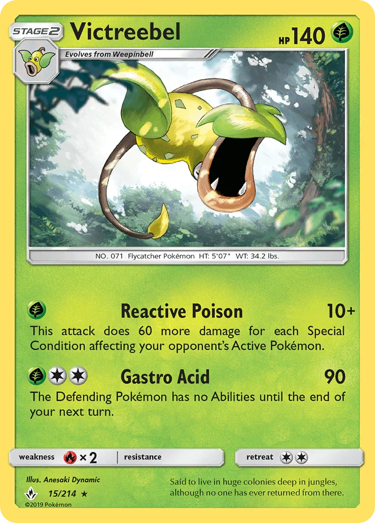 15, Fire[×2], Grass, Normal, Rare, Reverse Holofoil, Sun & Moon: Unbroken Bonds Victreebel (15/214) [Sun & Moon: Unbroken Bonds] - Trading Card World