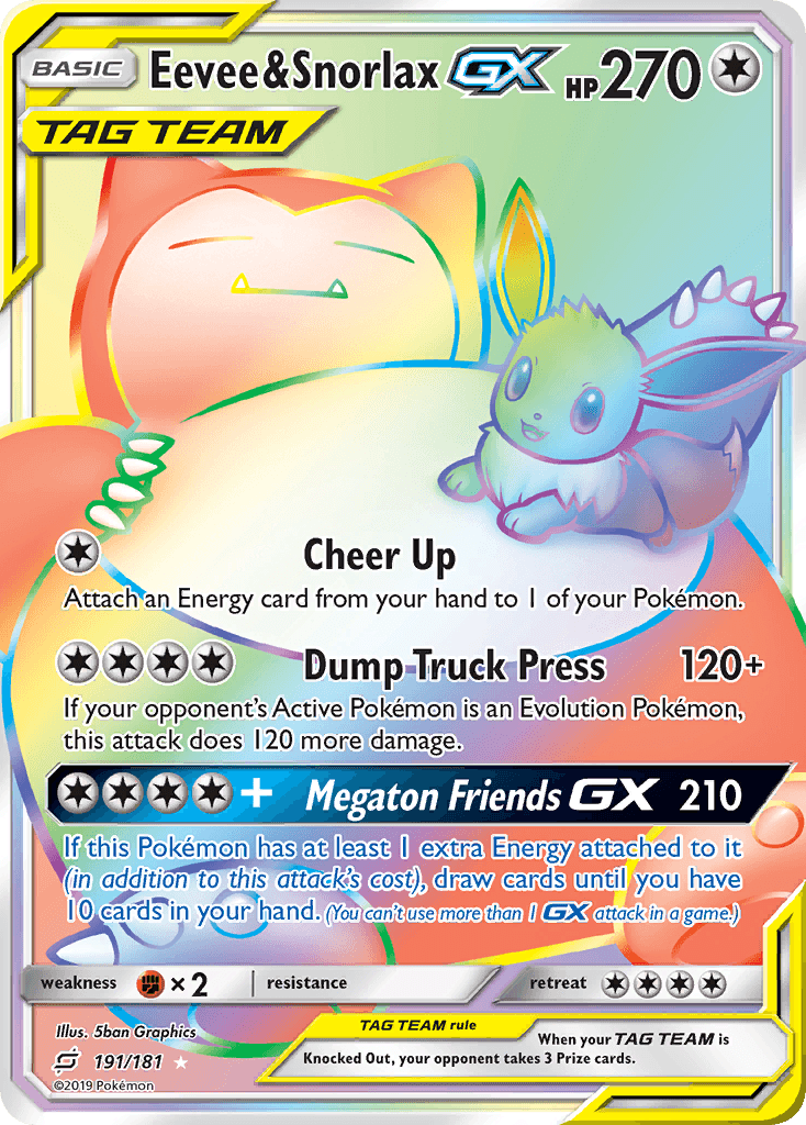 191, Colorless, Fighting[×2], Holofoil, Secret Rare, Sun & Moon: Team Up Eevee & Snorlax GX (191/181) [Sun & Moon: Team Up] - Trading Card World