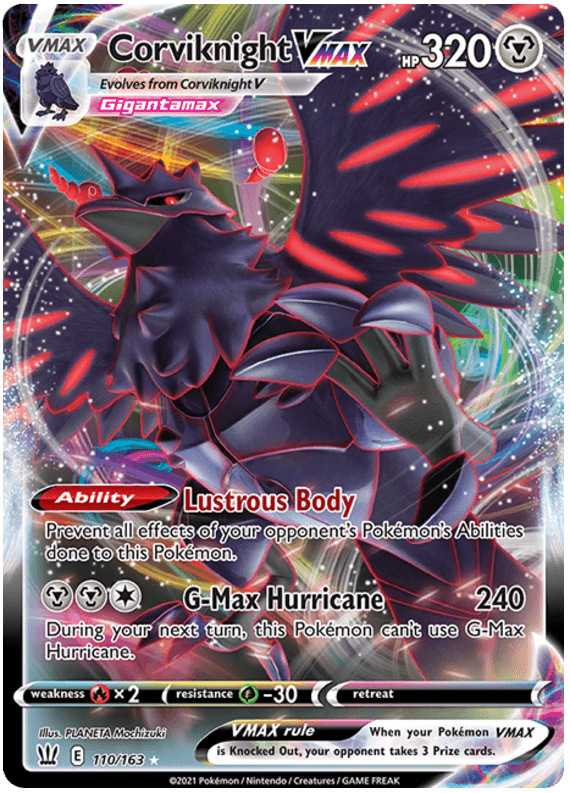 110, Fire[x2], Grass[-30], Holofoil, Metal, Sword & Shield: Battle Styles, Ultra Rare Corviknight VMAX (110/163) [Sword & Shield: Battle Styles] - Trading Card World