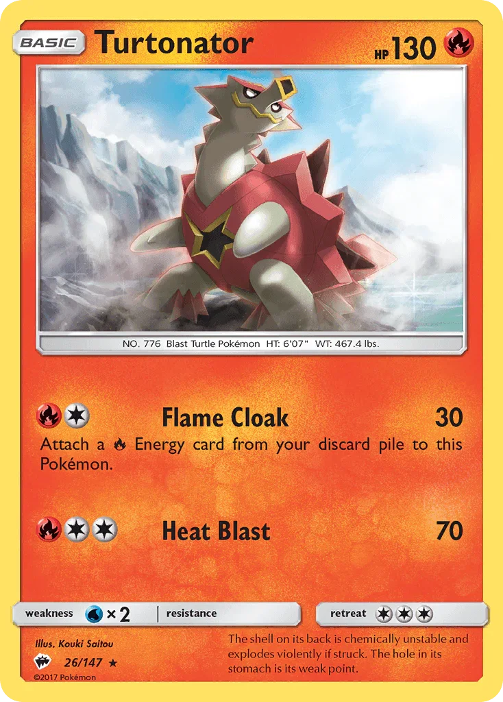 26, Fire, Normal, Rare, Reverse Holofoil, Sun & Moon: Burning Shadows, Water[×2] Turtonator (26/147) [Sun & Moon: Burning Shadows] - Trading Card World