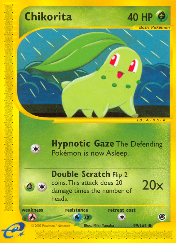99, Common, Expedition: Base Set, Fire[×2], Grass, Normal, Reverse Holofoil, Water[-30] Chikorita (99/165) [Expedition: Base Set] - Trading Card World