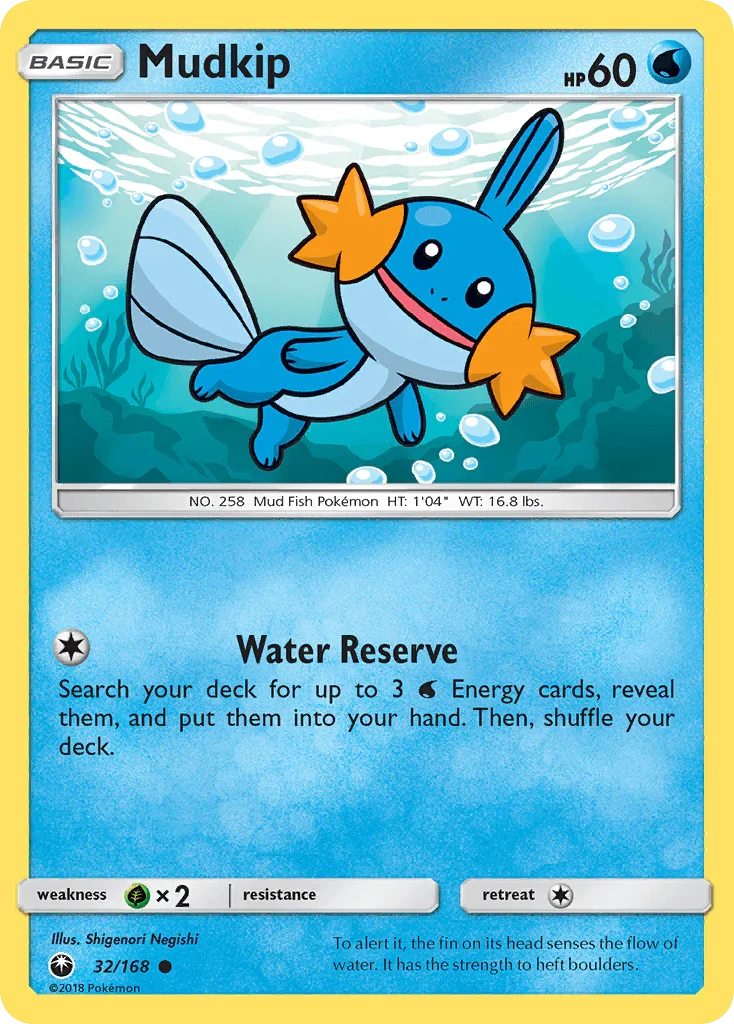 32, Common, Grass[×2], Normal, Reverse Holofoil, Sun & Moon: Celestial Storm, Water Mudkip (32/168) [Sun & Moon: Celestial Storm] - Trading Card World