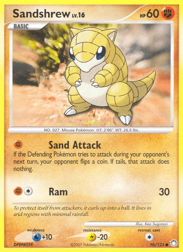 96, Common, Diamond & Pearl: Mysterious Treasures, Fighting, Lightning[-20], Normal, Reverse Holofoil, Water[+10] Sandshrew (96/123) [Diamond & Pearl: Mysterious Treasures] - Trading Card World