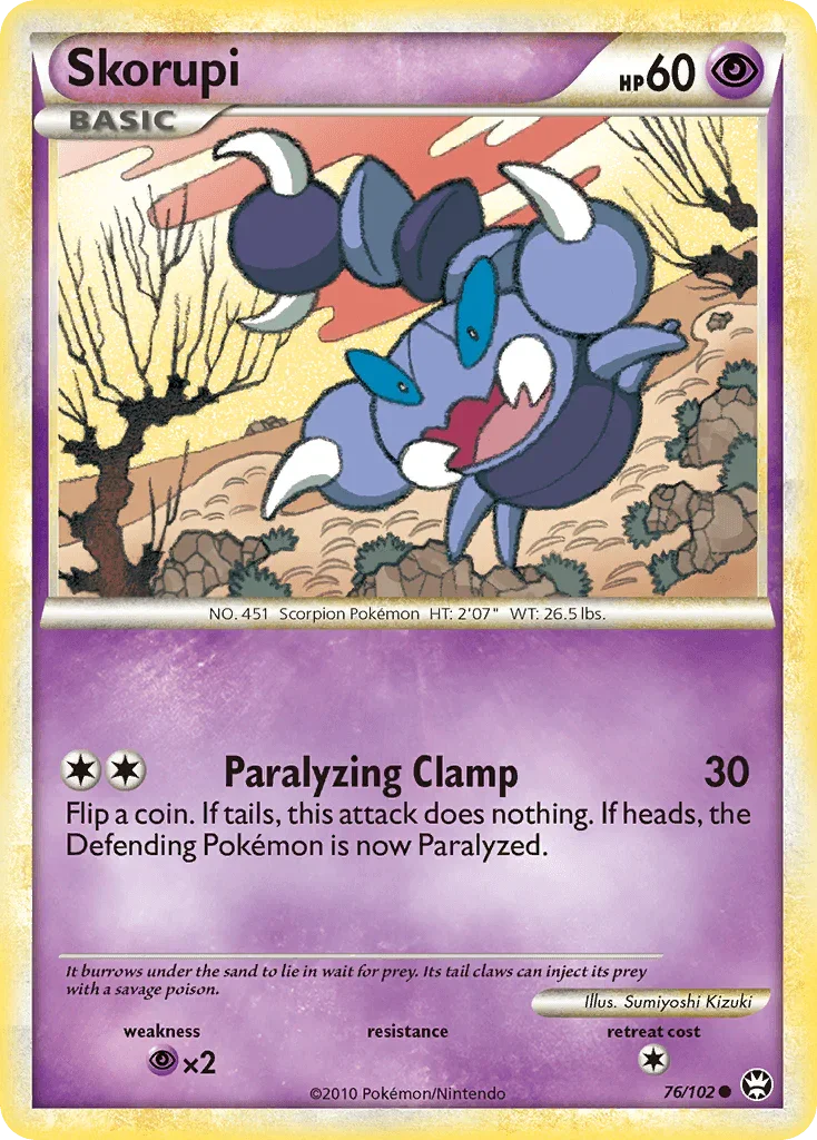76, Common, HeartGold & SoulSilver: Triumphant, Normal, Psychic, Psychic[×2], Reverse Holofoil Skorupi (76/102) [HeartGold & SoulSilver: Triumphant] - Trading Card World