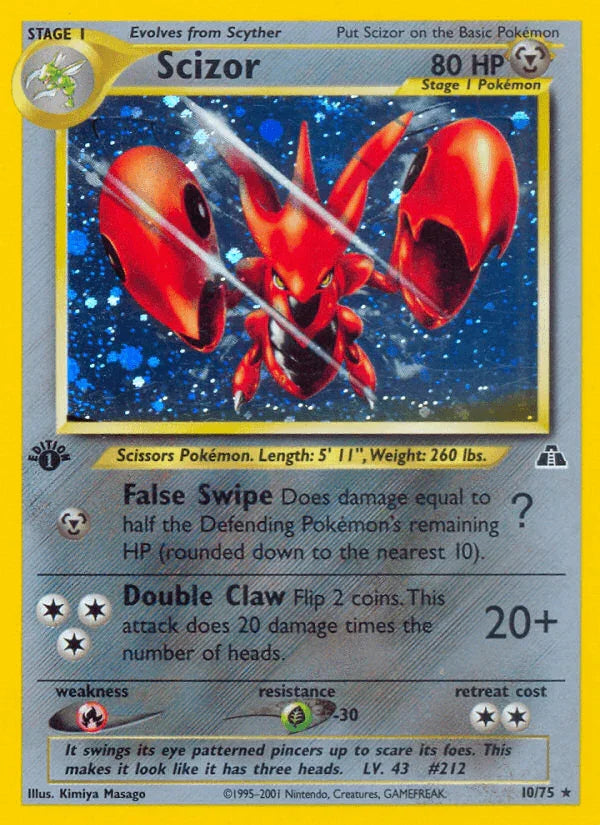 10, 1st Edition Holofoil, Fire[×2], Grass[-30], Holo Rare, Metal, Neo Discovery 1st Edition Scizor (10/75) [Neo Discovery 1st Edition] - Trading Card World