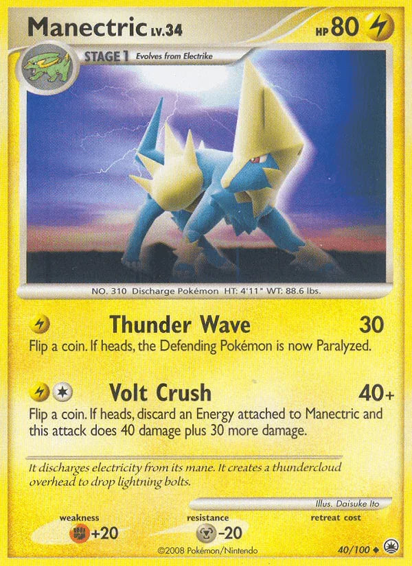 40, Diamond & Pearl: Majestic Dawn, Fighting[+20], Lightning, Metal[-20], Normal, Reverse Holofoil, Uncommon Manectric (40/100) [Diamond & Pearl: Majestic Dawn] - Trading Card World