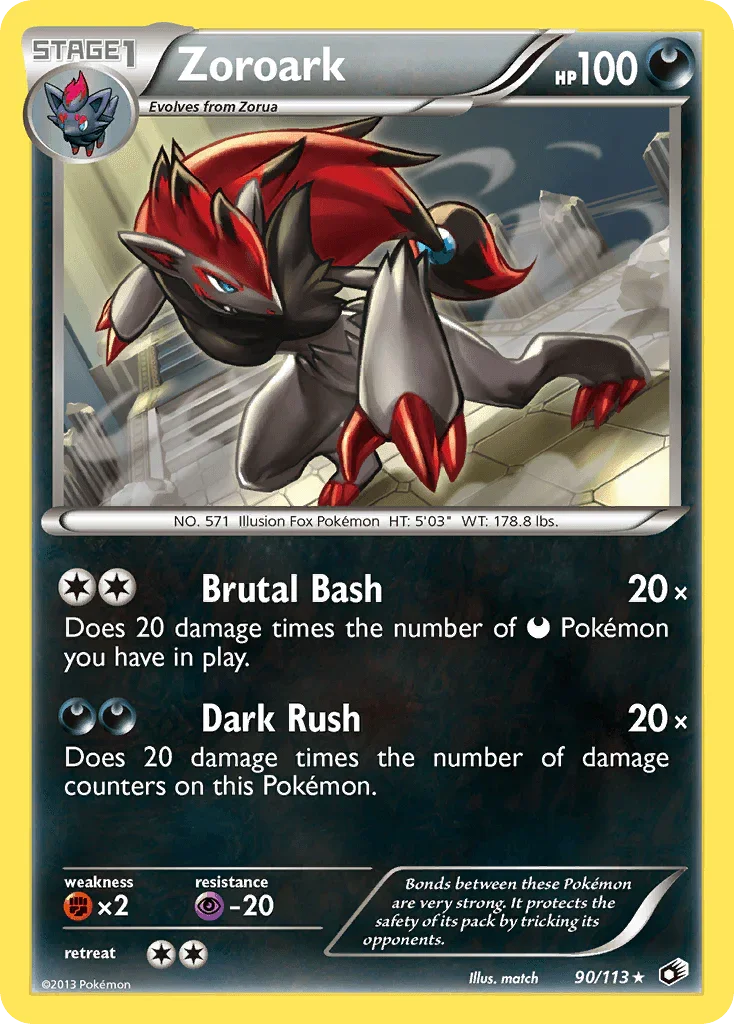 90, Black & White: Legendary Treasures, Darkness, Fighting[×2], Holo Rare, Holofoil, Psychic[-20], Reverse Holofoil Zoroark (90/113) [Black & White: Legendary Treasures] - Trading Card World