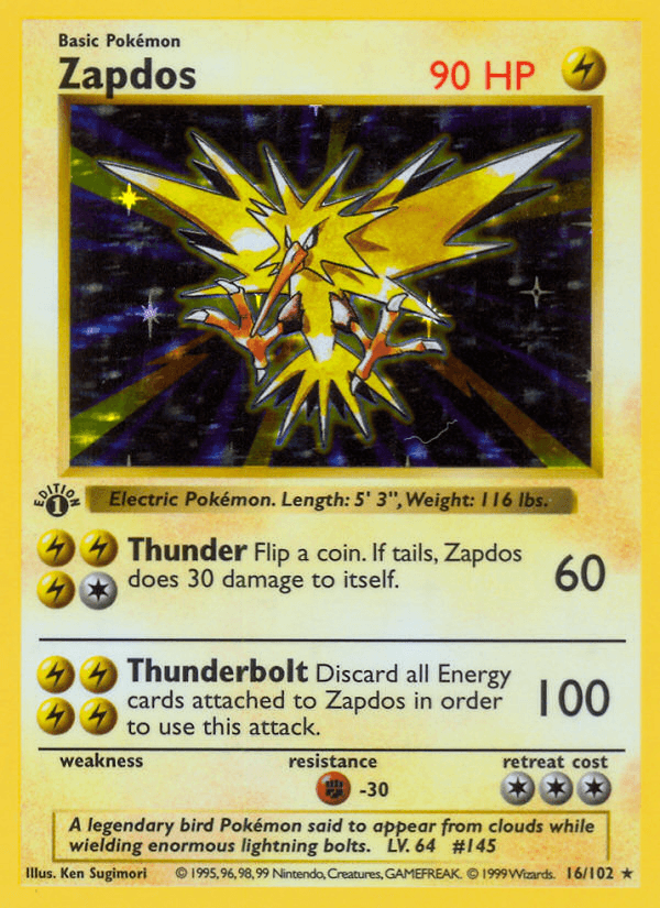 16, 1st Edition Holofoil, Base Set 1st Edition, Fighting[-30], Holo Rare, Lightning Zapdos (16/102) (Shadowless) [Base Set 1st Edition] - Trading Card World