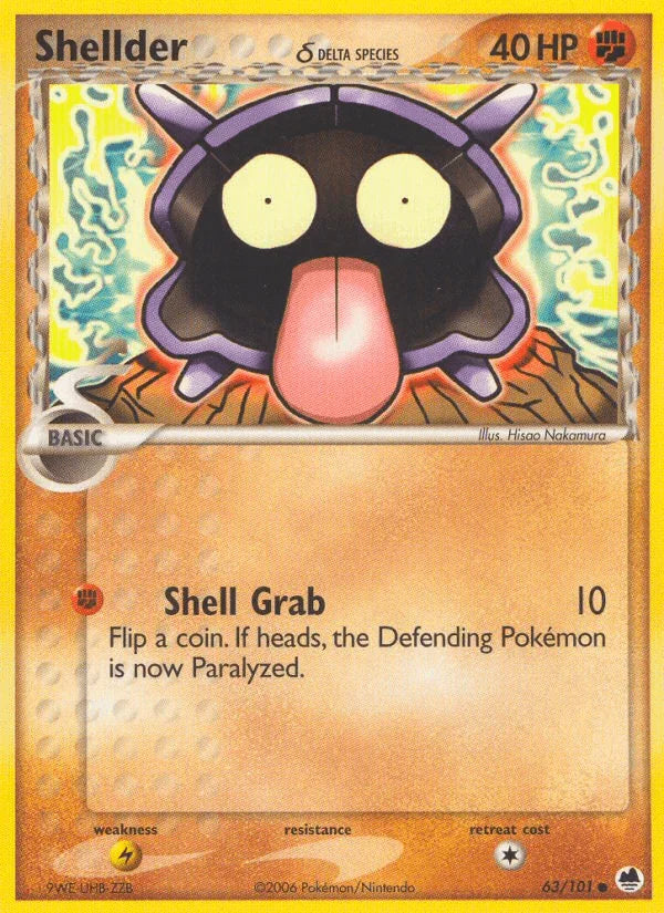 63, Common, EX: Dragon Frontiers, Fighting, Lightning[×2], Normal Shellder (63/101) (Delta Species) [EX: Dragon Frontiers] - Trading Card World
