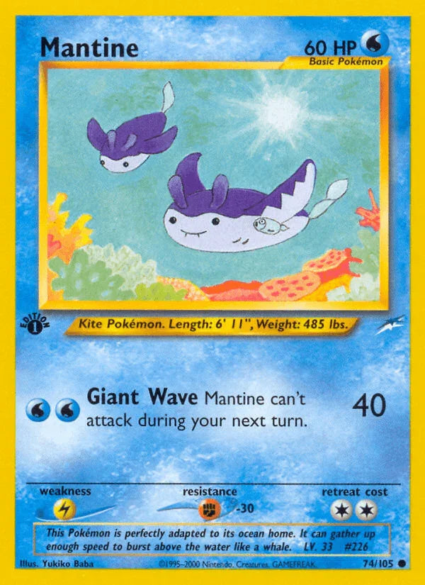 1st Edition Normal, 74, Common, Fighting[-30], Lightning[×2], Neo Destiny 1st Edition, Water Mantine (74/105) [Neo Destiny 1st Edition] - Trading Card World