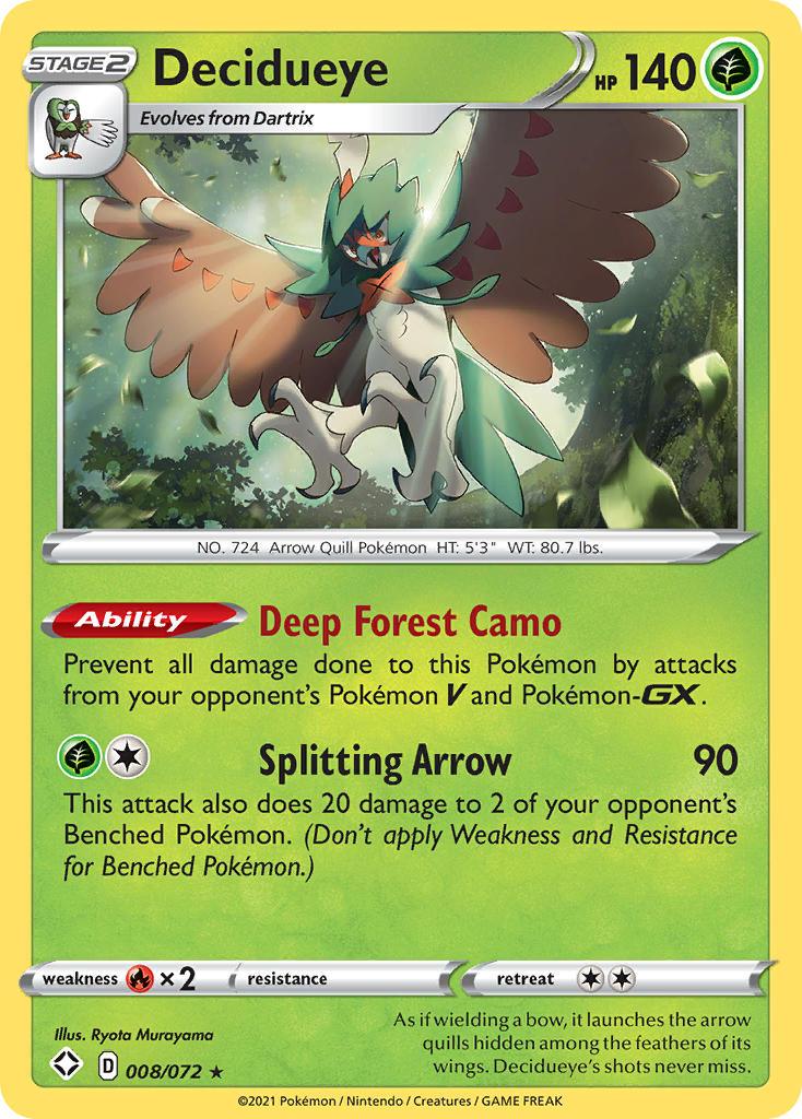 008, Fire[×2], Grass, Holo Rare, Holofoil, Reverse Holofoil, Sword & Shield: Shining Fates Decidueye (008/072) [Sword & Shield: Shining Fates] - Trading Card World