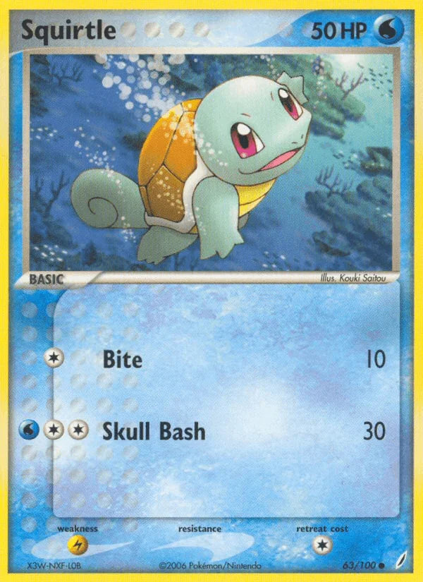 63, Common, EX: Crystal Guardians, Lightning[×2], Normal, Water Squirtle (63/100) [EX: Crystal Guardians] - Trading Card World
