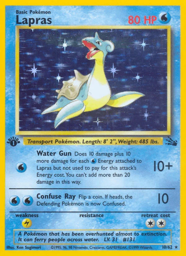 10, 1st Edition Holofoil, Fossil 1st Edition, Holo Rare, Lightning[×2], Water Lapras (10/62) [Fossil 1st Edition] - Trading Card World