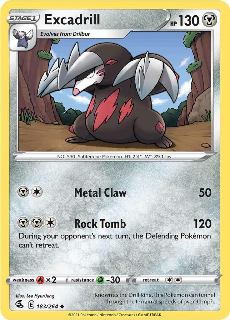 183, Fire [x2], Grass [-30], Metal, Normal, Reverse Holofoil, Sword & Shield: Fusion Strike, Uncommon Excadrill (183/264) [Sword & Shield: Fusion Strike] - Trading Card World