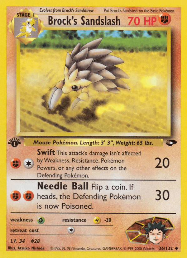 1st Edition Normal, 36, Fighting, Grass[×2], Gym Challenge 1st Edition, Lightning[-30], Uncommon Brock's Sandslash (36/132) [Gym Challenge 1st Edition] - Trading Card World