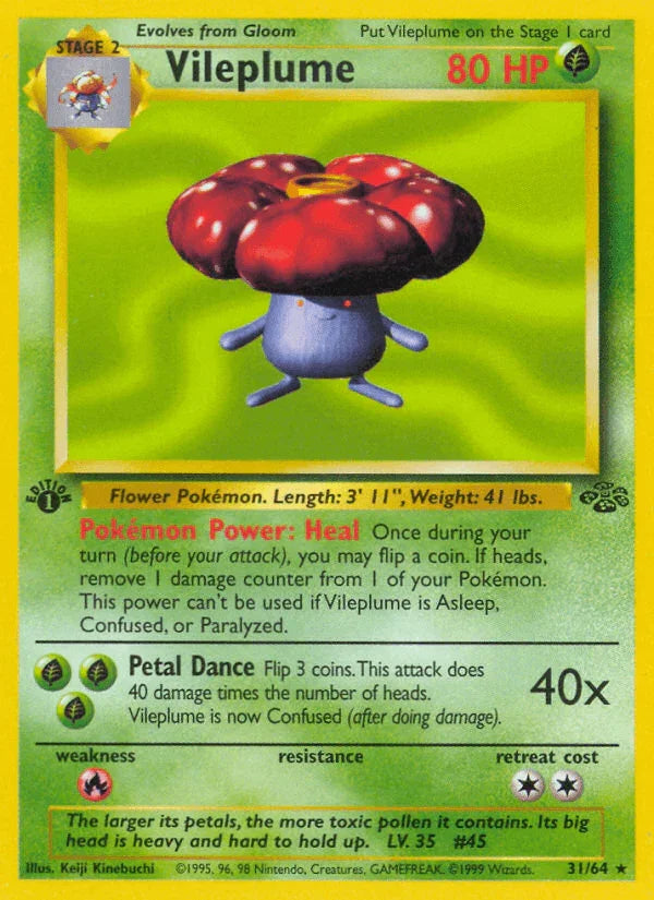 1st Edition Normal, 31, Fire[×2], Grass, Jungle 1st Edition, Rare Vileplume (31/64) [Jungle 1st Edition] - Trading Card World