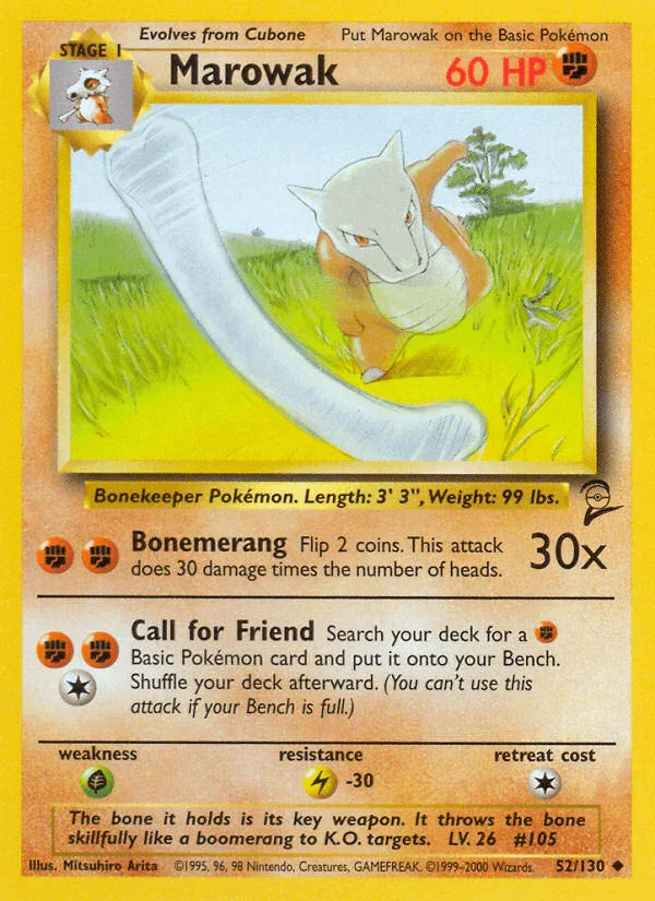 52, Base Set 2, Fighting, Grass[×2], Lightning[-30], Normal, Uncommon Marowak (52/130) [Base Set 2] - Trading Card World