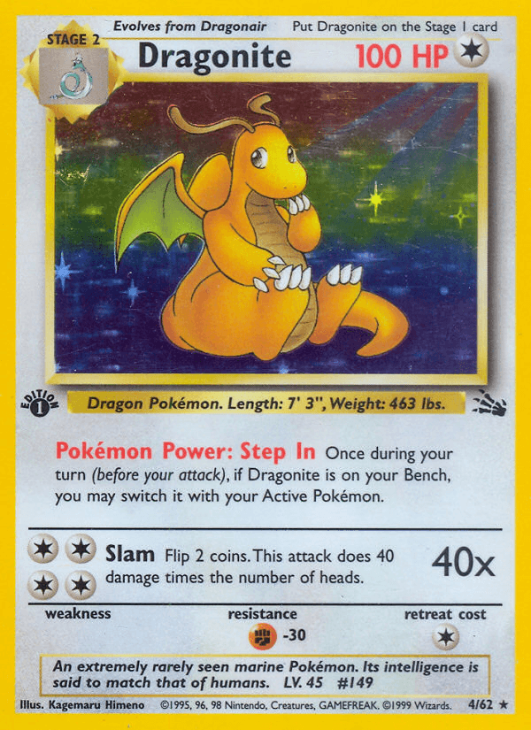 1st Edition Holofoil, Colorless, Fighting[-30], Fossil 1st Edition, Holo Rare Dragonite (4/62) [Fossil 1st Edition] - Trading Card World