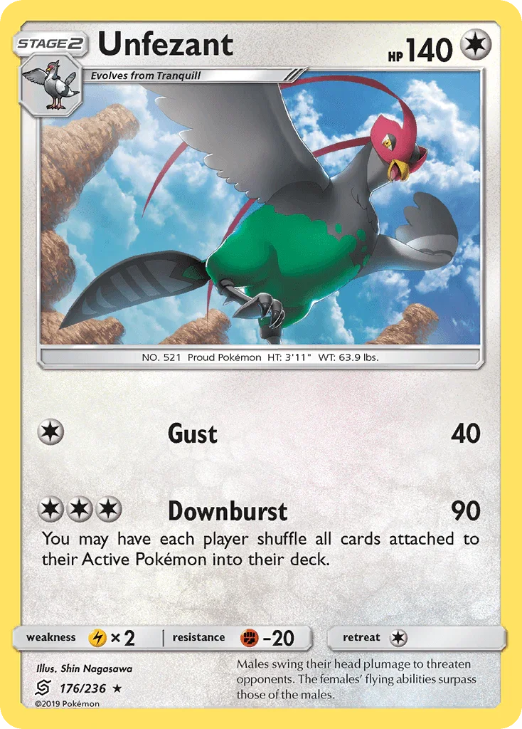 176, Colorless, Fighting[-20], Lightning[×2], Normal, Rare, Reverse Holofoil, Sun & Moon: Unified Minds Unfezant (176/236) [Sun & Moon: Unified Minds] - Trading Card World