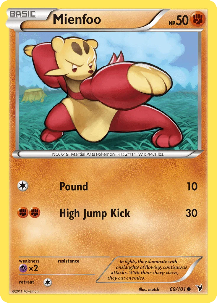 69, Black & White: Noble Victories, Common, Fighting, Normal, Psychic[×2], Reverse Holofoil Mienfoo (69/101) [Black & White: Noble Victories] - Trading Card World