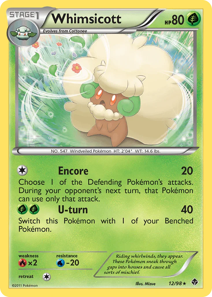 12, Black & White: Emerging Powers, Fire[×2], Grass, Normal, Rare, Reverse Holofoil, Water[-20] Whimsicott (12/98) [Black & White: Emerging Powers] - Trading Card World