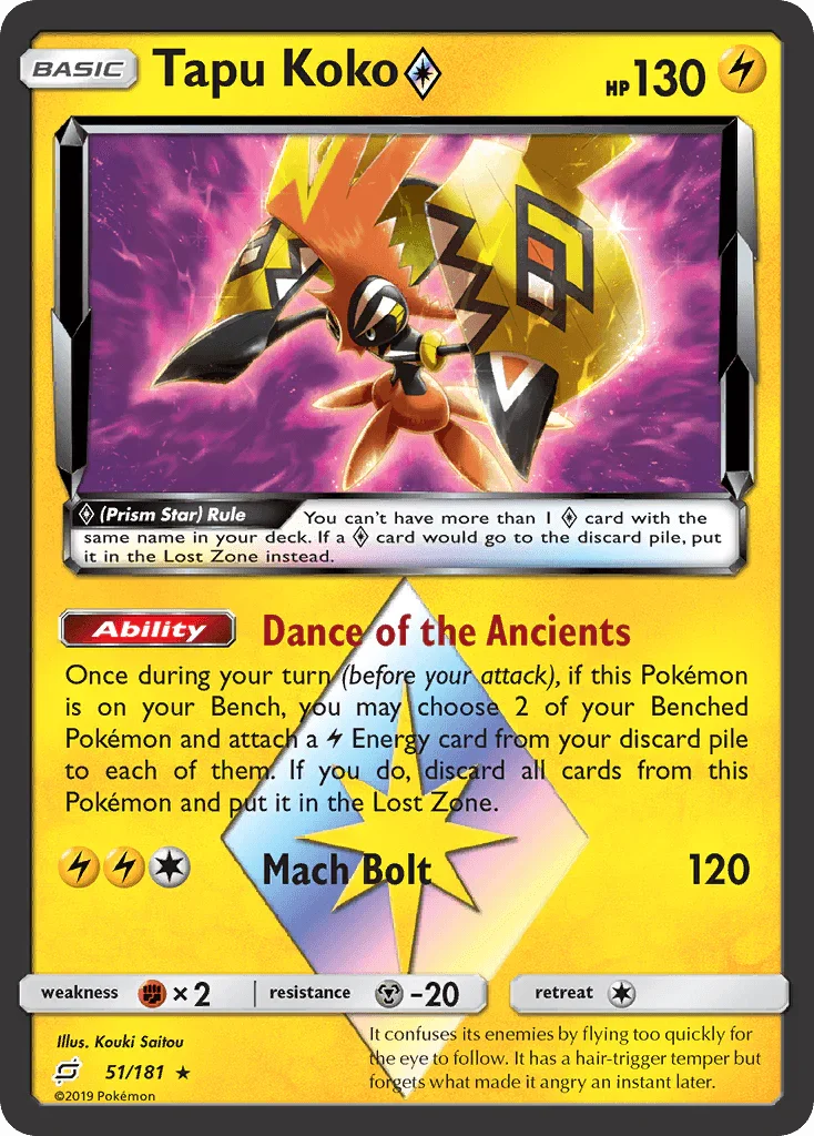 51, Fighting[×2], Holo Rare, Holofoil, Lightning, Metal[-20], Sun & Moon: Team Up Tapu Koko (51/181) (Prism Star) [Sun & Moon: Team Up] - Trading Card World
