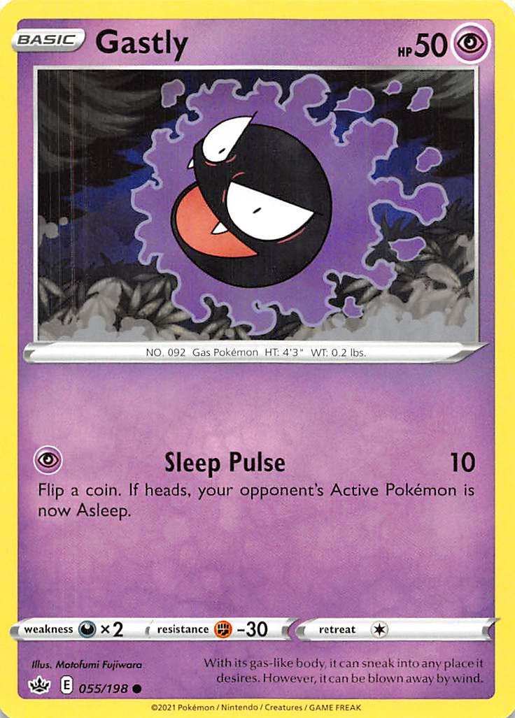 055, Common, Darkness [x2], Fighting [-30], Normal, Psychic, Reverse Holofoil, Sword & Shield: Chilling Reign Gastly (055/198) [Sword & Shield: Chilling Reign] - Trading Card World
