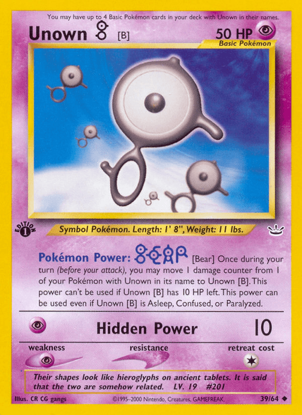 1st Edition Normal, 39, Neo Revelation 1st Edition, Psychic, Psychic[×2], Uncommon Unown [B] (39/64) [Neo Revelation 1st Edition] - Trading Card World