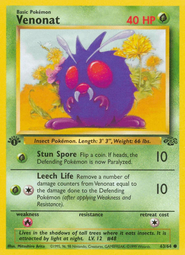 1st Edition Normal, 63, Common, Fire[×2], Grass, Jungle 1st Edition Venonat (63/64) [Jungle 1st Edition] - Trading Card World