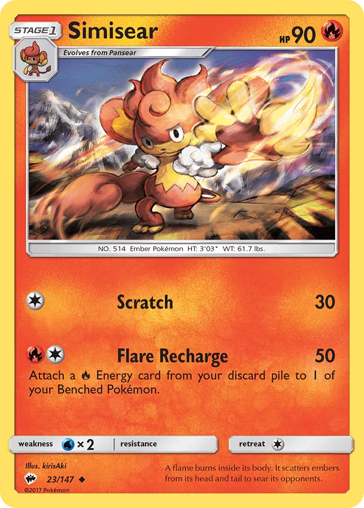 23, Fire, Normal, Reverse Holofoil, Sun & Moon: Burning Shadows, Uncommon, Water[×2] Simisear (23/147) [Sun & Moon: Burning Shadows] - Trading Card World