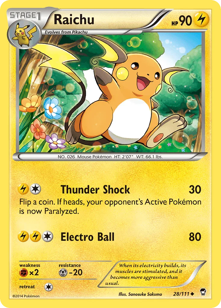 28, Fighting[×2], Lightning, Metal[-20], Normal, Reverse Holofoil, Uncommon, XY: Furious Fists Raichu (28/111) [XY: Furious Fists] - Trading Card World