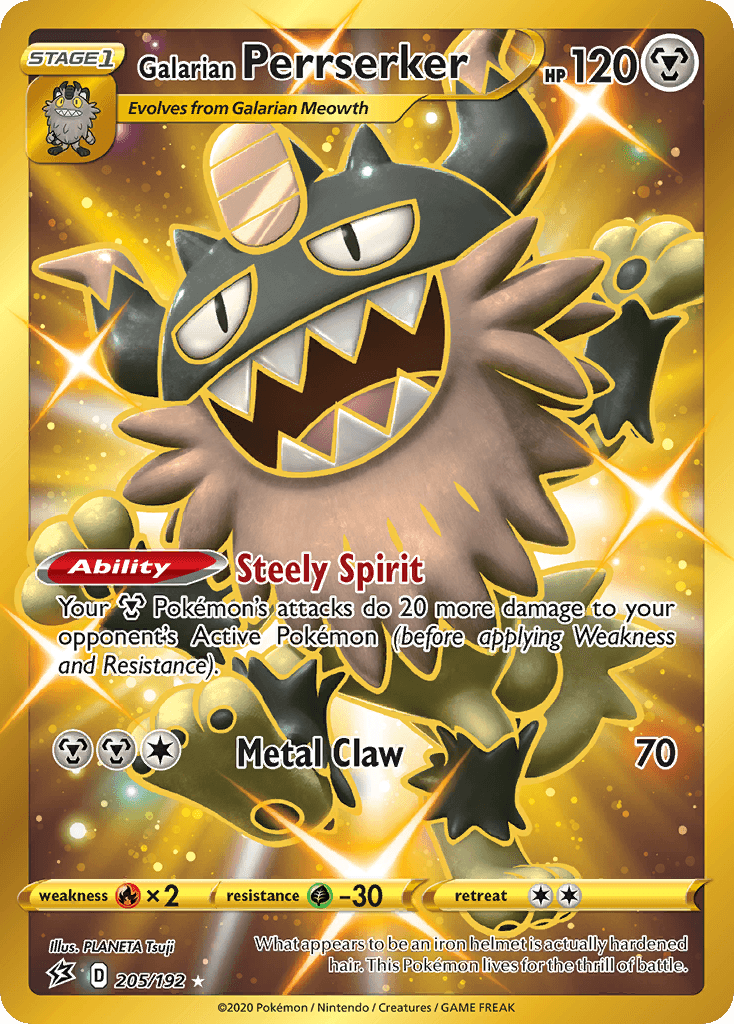 205, Fire[×2], Grass[-30], Holofoil, Metal, Secret Rare, Sword & Shield: Rebel Clash Galarian Perrserker (205/192) [Sword & Shield: Rebel Clash] - Trading Card World
