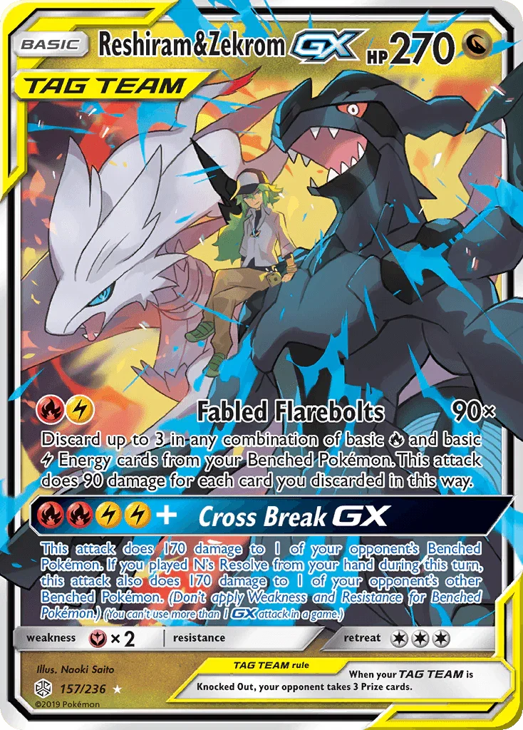 157, Dragon, Fairy[×2], Holofoil, Sun & Moon: Cosmic Eclipse, Ultra Rare Reshiram & Zekrom GX (157/236) [Sun & Moon: Cosmic Eclipse] - Trading Card World