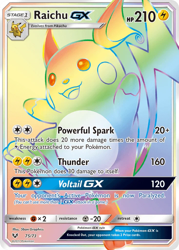 75, Fighting[×2], Holofoil, Lightning, Metal[-20], Secret Rare, Sun & Moon: Shining Legends Raichu GX (75/73) [Sun & Moon: Shining Legends] - Trading Card World