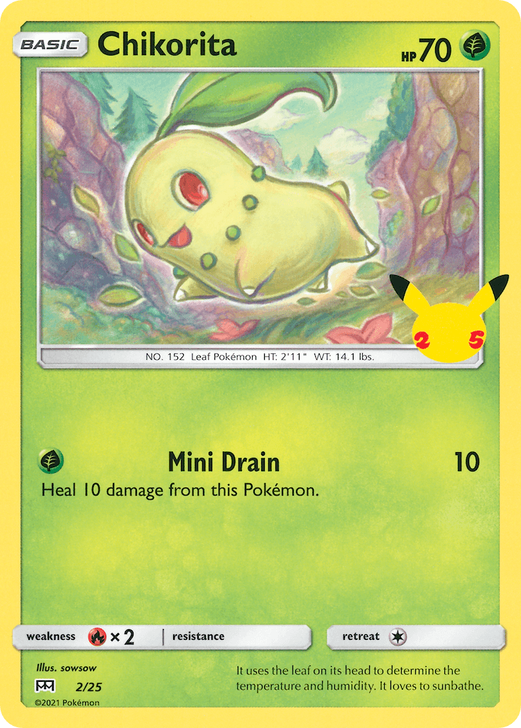 Fire[×2], Grass, Holofoil, McDonald's 25th Anniversary, Normal, Promo Chikorita (2/25) [McDonald's 25th Anniversary] - Trading Card World