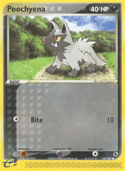 63, Common, Darkness, EX: Ruby & Sapphire, Fighting[×2], Normal, Psychic[-30], Reverse Holofoil Poochyena (63/109) [EX: Ruby & Sapphire] - Trading Card World