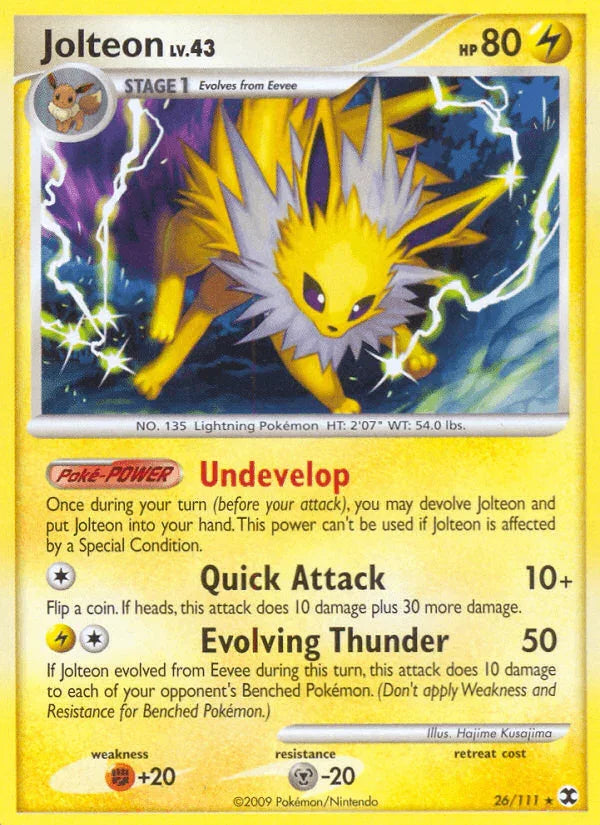 26, Fighting[+20], Lightning, Metal[-20], Normal, Platinum: Rising Rivals, Rare, Reverse Holofoil Jolteon (26/111) [Platinum: Rising Rivals] - Trading Card World