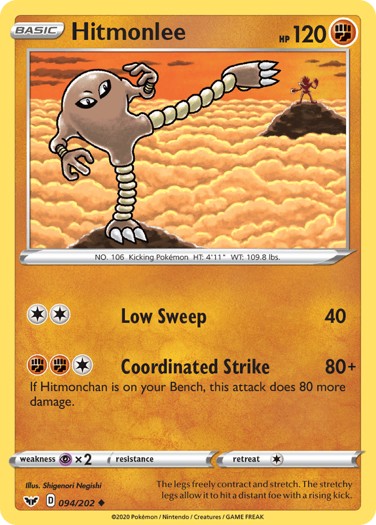 094, Fighting, Normal, Psychic[×2], Reverse Holofoil, Sword & Shield: Base Set, Uncommon Hitmonlee (094/202) [Sword & Shield: Base Set] - Trading Card World