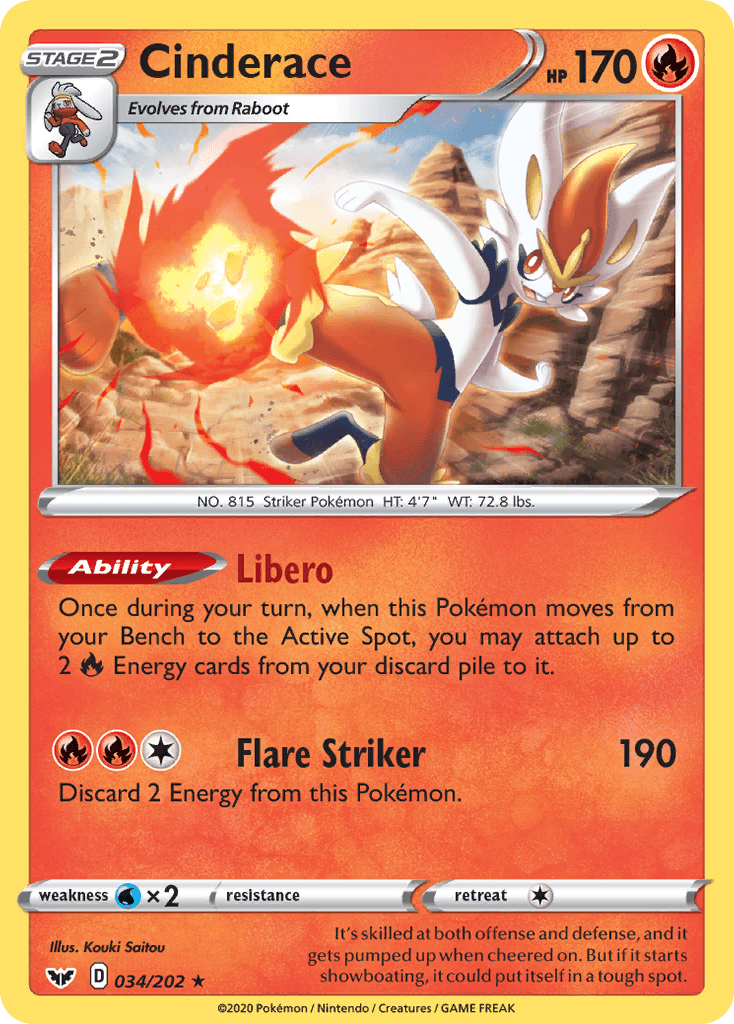 034, Fire, Holo Rare, Holofoil, Reverse Holofoil, Sword & Shield: Base Set, Water[×2] Cinderace (034/202) [Sword & Shield: Base Set] - Trading Card World